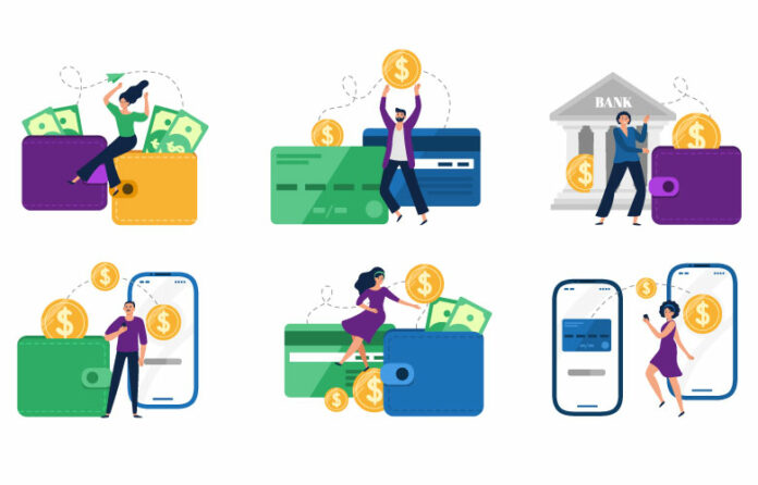 Menschen senden Geld zwischen Handy