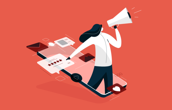 Mädchen mit Megaphon verbreitet Botschaften durch Social Media