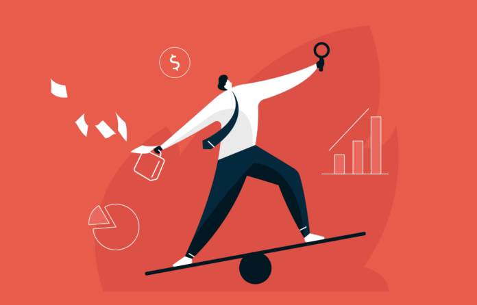 Geschäftsmann hält Balance über Arbeit und Leben